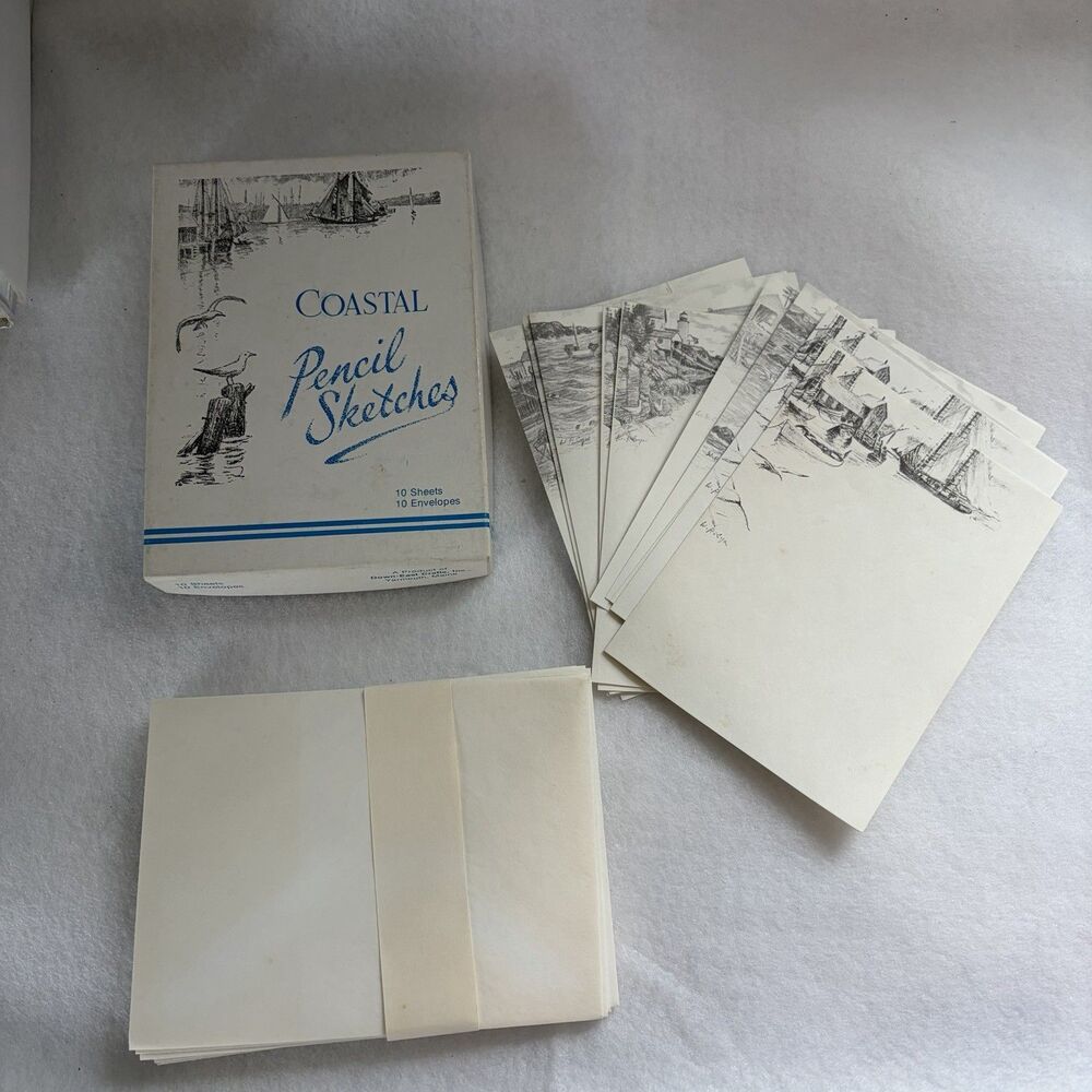 Vintage Stationary Maine Coastal Cards Pencil Sketches Envelopes Beach Boats